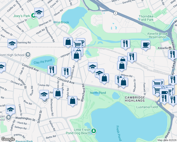 map of restaurants, bars, coffee shops, grocery stores, and more near 84 Griswold Street in Cambridge