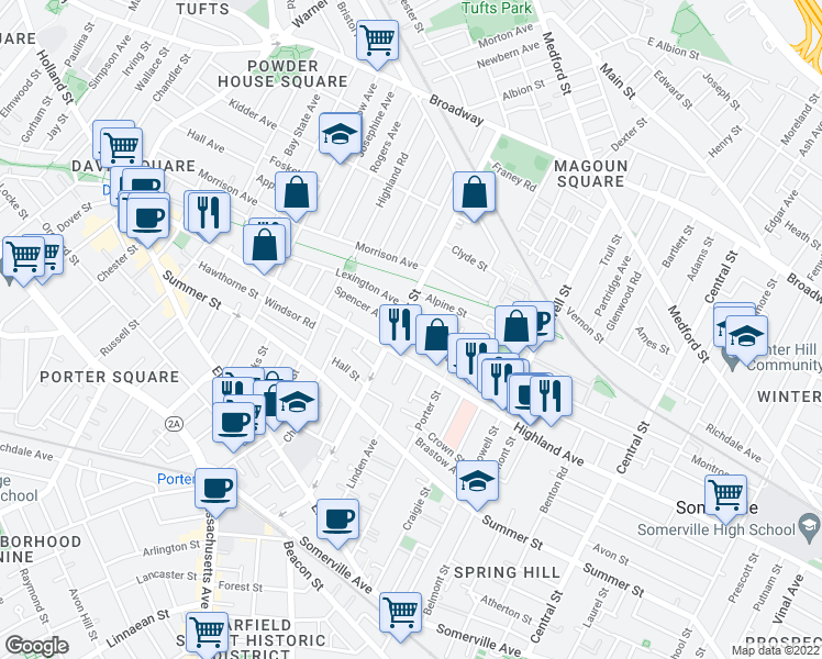 map of restaurants, bars, coffee shops, grocery stores, and more near 177 Hudson Street in Somerville