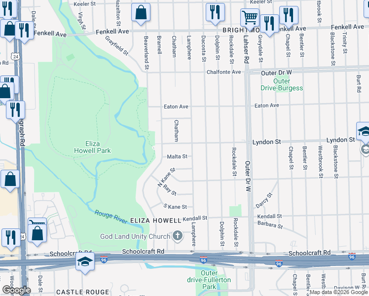 map of restaurants, bars, coffee shops, grocery stores, and more near 22431 Lyndon Street in Detroit