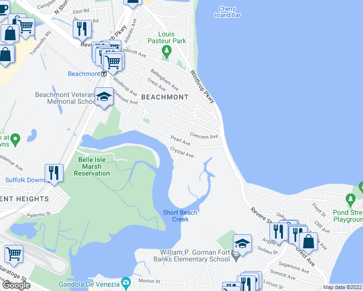map of restaurants, bars, coffee shops, grocery stores, and more near 75 Summer Street in Revere