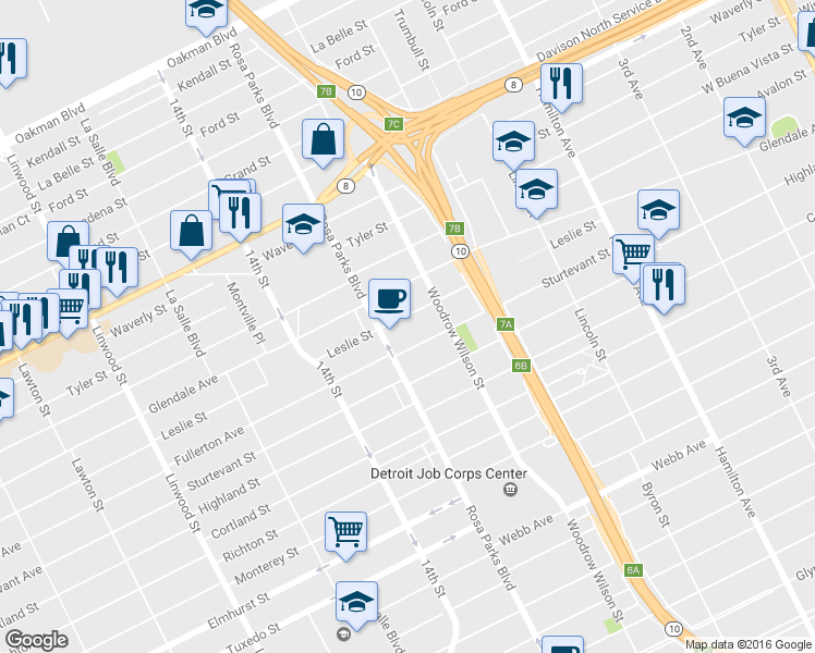 map of restaurants, bars, coffee shops, grocery stores, and more near 1679 Leslie Street in Detroit