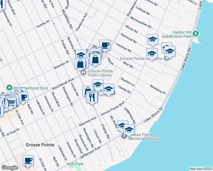 map of restaurants, bars, coffee shops, grocery stores, and more near 120 Meadow Lane in Grosse Pointe Farms