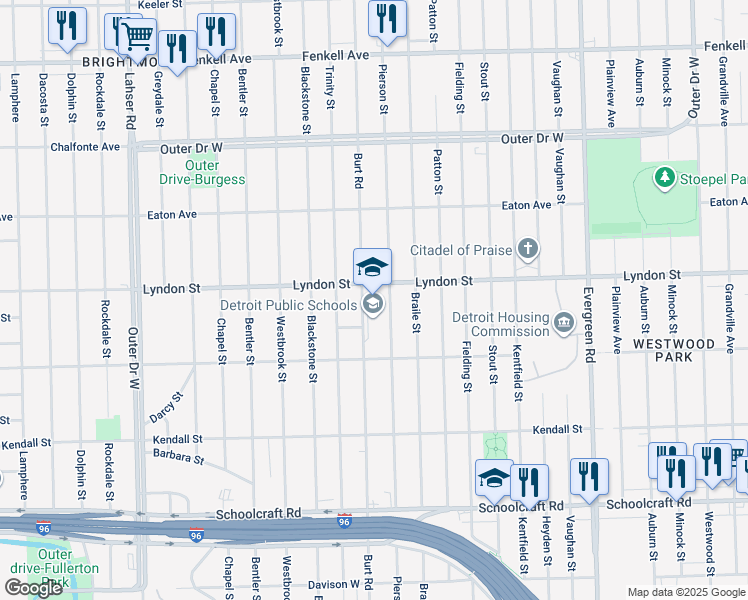 map of restaurants, bars, coffee shops, grocery stores, and more near 14450 Burt Road in Detroit