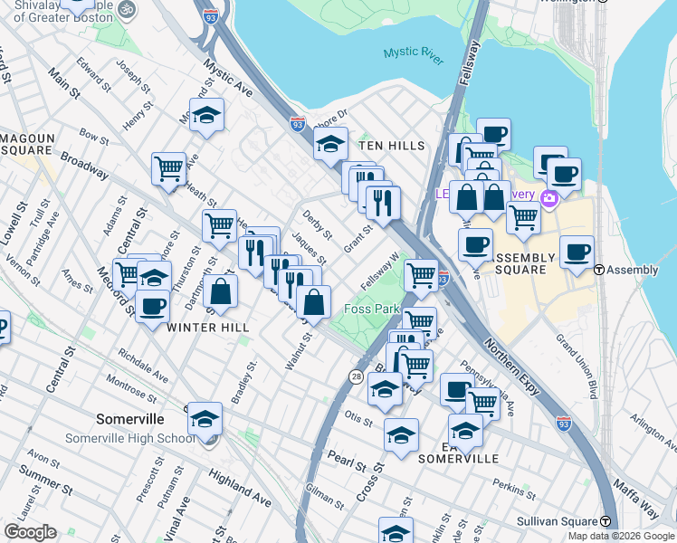 map of restaurants, bars, coffee shops, grocery stores, and more near 15 Jaques Street in Somerville