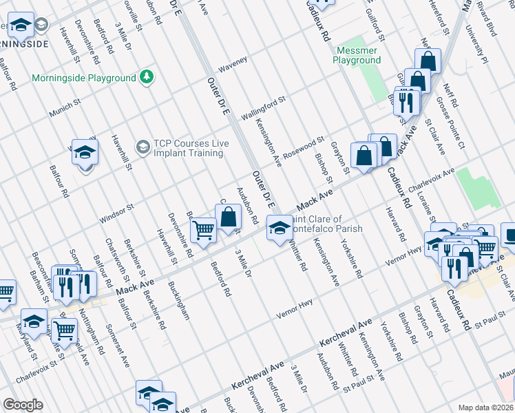 map of restaurants, bars, coffee shops, grocery stores, and more near 3476 Audubon Road in Detroit
