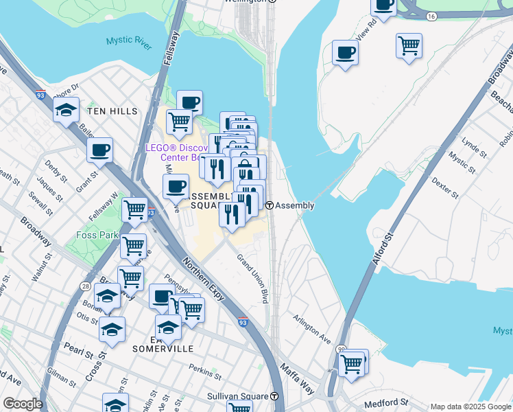 map of restaurants, bars, coffee shops, grocery stores, and more near 485 Foley Street in Somerville