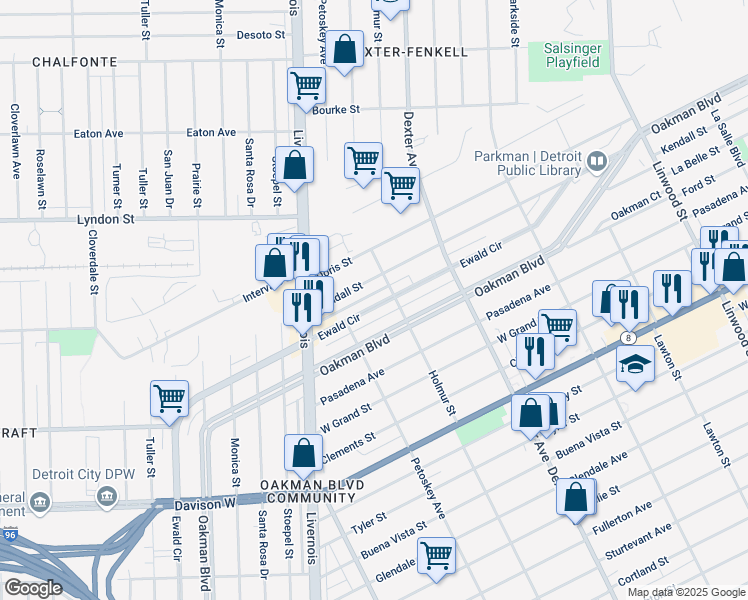 map of restaurants, bars, coffee shops, grocery stores, and more near 2378 Ewald Circle in Detroit