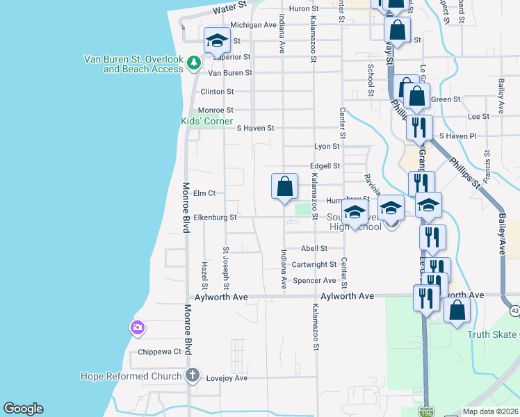 map of restaurants, bars, coffee shops, grocery stores, and more near 221 Elkenburg Street in South Haven