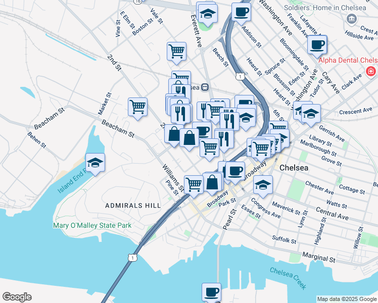 map of restaurants, bars, coffee shops, grocery stores, and more near 105 2nd St in Chelsea
