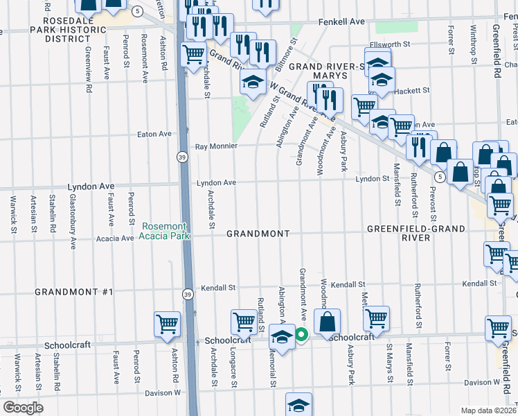 map of restaurants, bars, coffee shops, grocery stores, and more near 14401 Rutland Street in Detroit