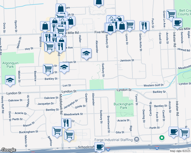 map of restaurants, bars, coffee shops, grocery stores, and more near 28811 Jamison Street in Livonia