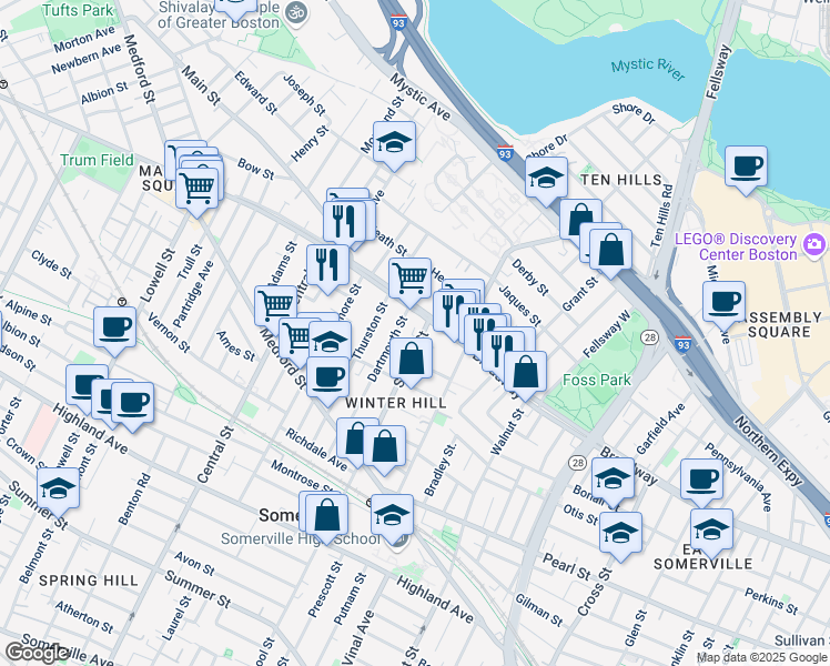 map of restaurants, bars, coffee shops, grocery stores, and more near 59 Dartmouth Street in Somerville