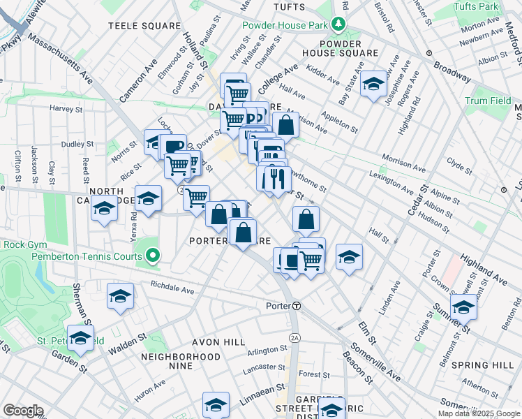 map of restaurants, bars, coffee shops, grocery stores, and more near 19 Tenney Street in Cambridge