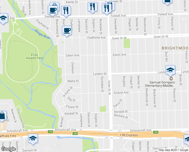 map of restaurants, bars, coffee shops, grocery stores, and more near 22205 Lyndon Street in Detroit