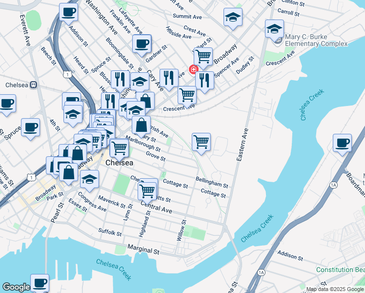 map of restaurants, bars, coffee shops, grocery stores, and more near 181 Highland Street in Chelsea