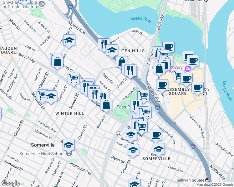 map of restaurants, bars, coffee shops, grocery stores, and more near 19 Jaques Street in Somerville