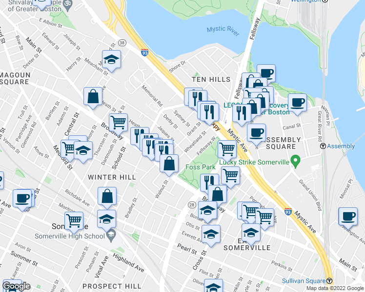 map of restaurants, bars, coffee shops, grocery stores, and more near 19 Jaques Street in Somerville