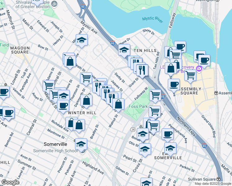 map of restaurants, bars, coffee shops, grocery stores, and more near 11 Sewall Street in Somerville