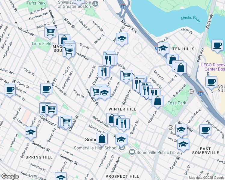 map of restaurants, bars, coffee shops, grocery stores, and more near 92 Thurston Street in Somerville