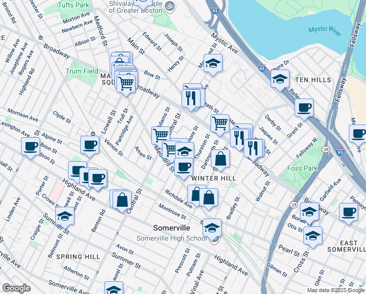 map of restaurants, bars, coffee shops, grocery stores, and more near 138 Sycamore Street in Somerville