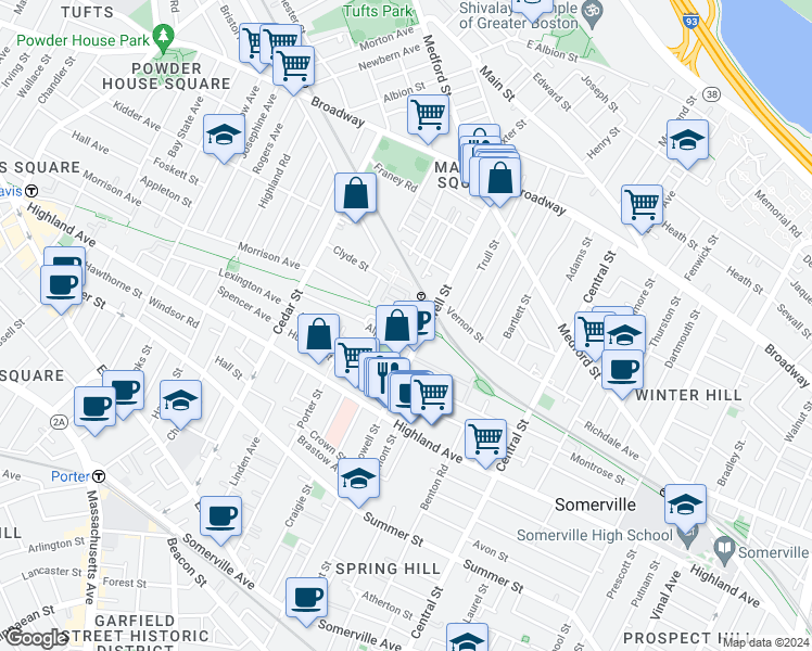 map of restaurants, bars, coffee shops, grocery stores, and more near 24 Princeton Street in Somerville
