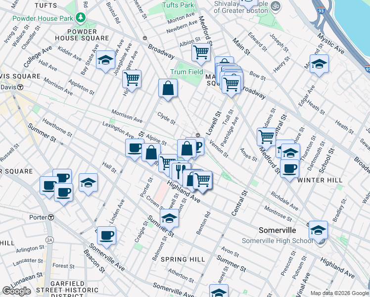 map of restaurants, bars, coffee shops, grocery stores, and more near 24 Princeton Street in Somerville