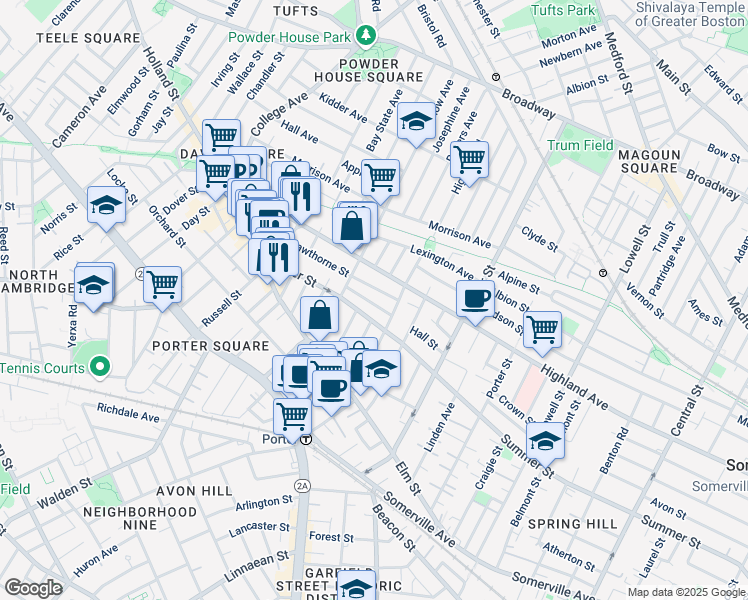 map of restaurants, bars, coffee shops, grocery stores, and more near 18 Charnwood Road in Somerville