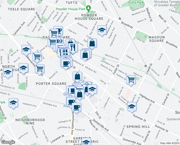 map of restaurants, bars, coffee shops, grocery stores, and more near 18 Charnwood Road in Somerville