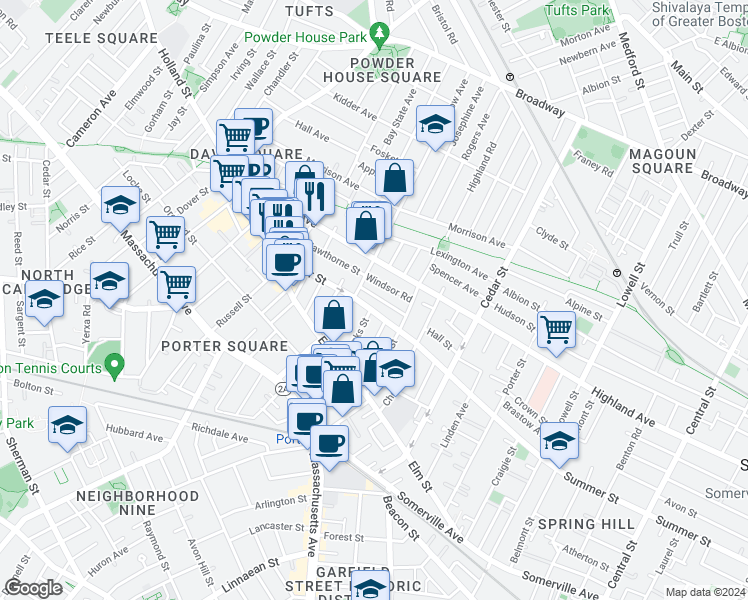 map of restaurants, bars, coffee shops, grocery stores, and more near 18 Charnwood Road in Somerville
