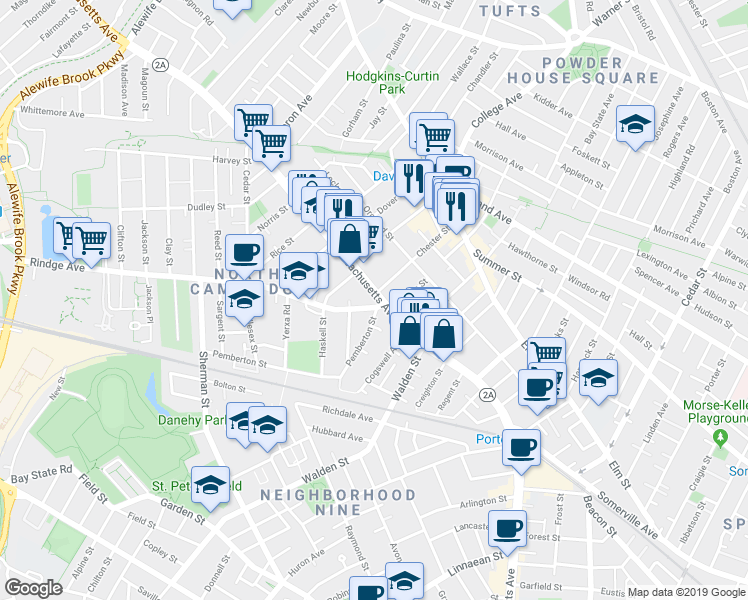 map of restaurants, bars, coffee shops, grocery stores, and more near 2192 Massachusetts Avenue in Cambridge