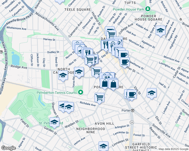 map of restaurants, bars, coffee shops, grocery stores, and more near 2192 Massachusetts Avenue in Cambridge