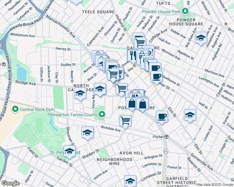 map of restaurants, bars, coffee shops, grocery stores, and more near 2192 Massachusetts Avenue in Cambridge