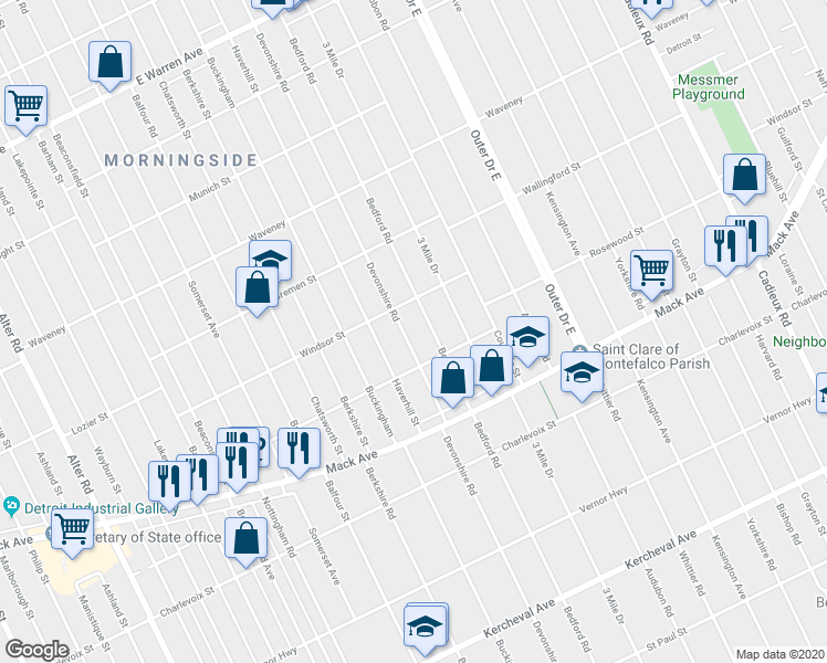 map of restaurants, bars, coffee shops, grocery stores, and more near 3661 Bedford Road in Detroit