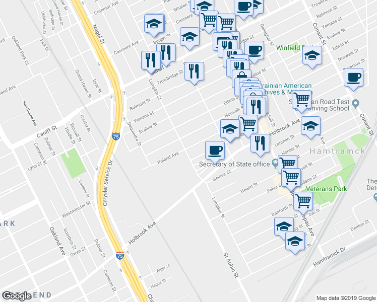 map of restaurants, bars, coffee shops, grocery stores, and more near 2203 Poland Street in Hamtramck