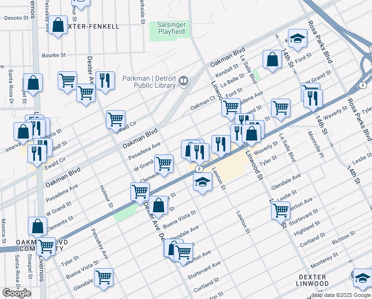 map of restaurants, bars, coffee shops, grocery stores, and more near 2971 Grand Street in Detroit
