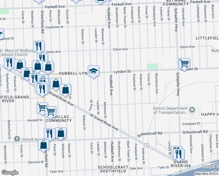 map of restaurants, bars, coffee shops, grocery stores, and more near 14347 Hubbell Avenue in Detroit