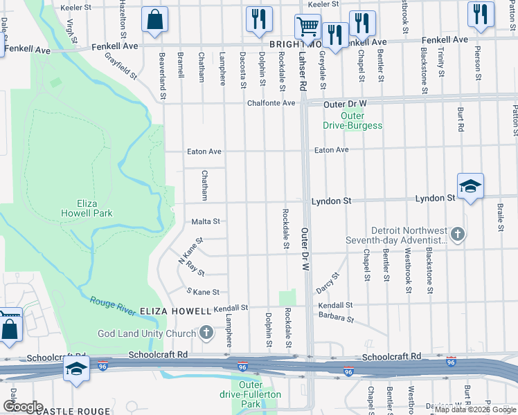 map of restaurants, bars, coffee shops, grocery stores, and more near 22205 Lyndon Street in Detroit