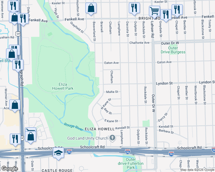 map of restaurants, bars, coffee shops, grocery stores, and more near 22520 Lyndon Street in Detroit