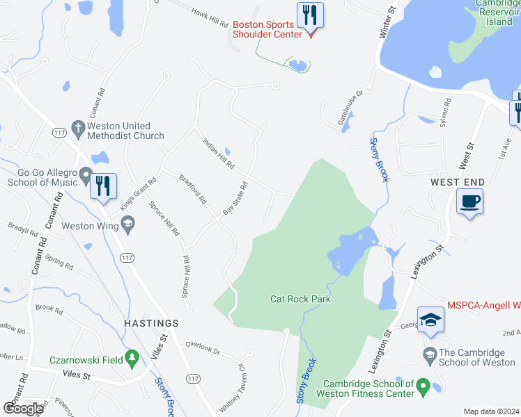 map of restaurants, bars, coffee shops, grocery stores, and more near 11 Winthrop Circle in Weston