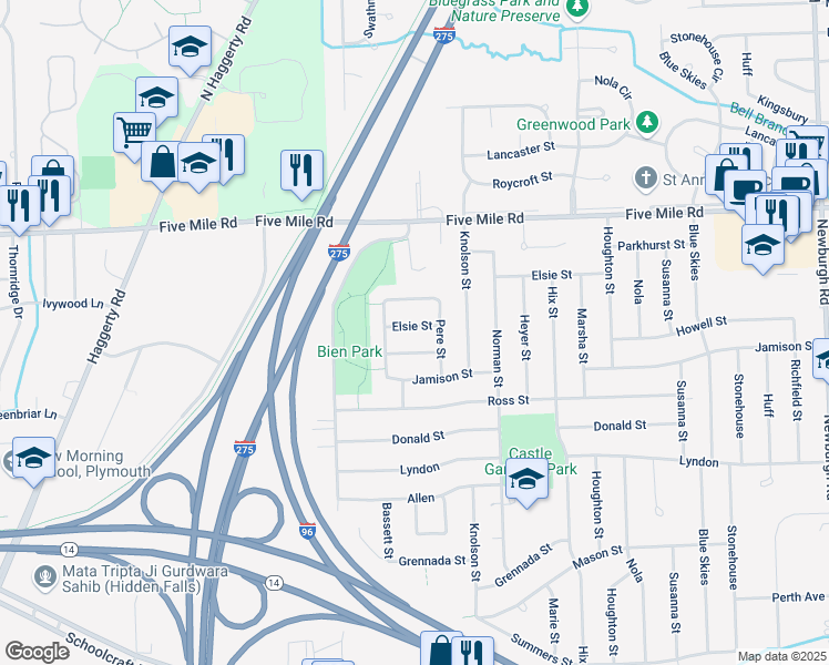 map of restaurants, bars, coffee shops, grocery stores, and more near 39113 Elsie Street in Livonia