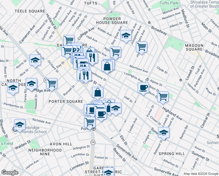 map of restaurants, bars, coffee shops, grocery stores, and more near 18 Charnwood Road in Somerville