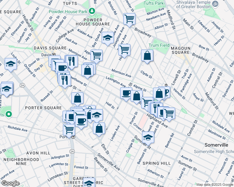 map of restaurants, bars, coffee shops, grocery stores, and more near 307 Highland Avenue in Somerville
