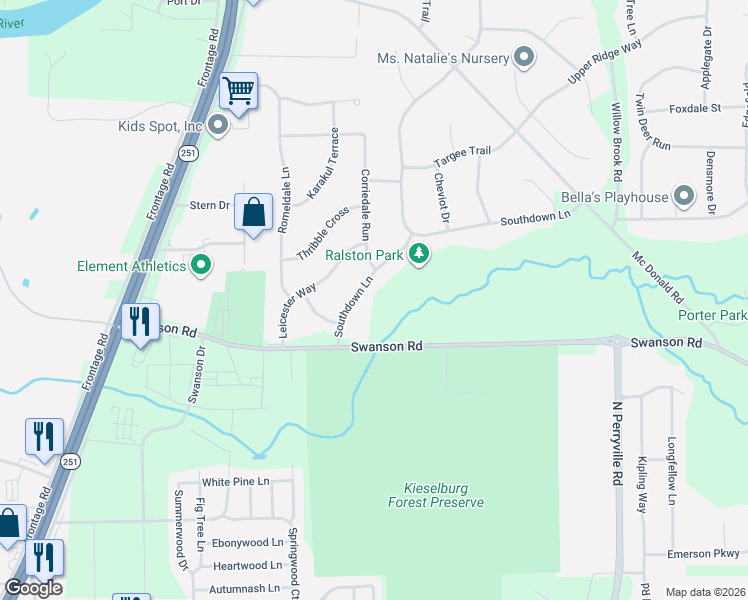 map of restaurants, bars, coffee shops, grocery stores, and more near 9125 Southdown Lane in Roscoe