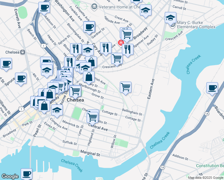 map of restaurants, bars, coffee shops, grocery stores, and more near 114 Library Street in Chelsea