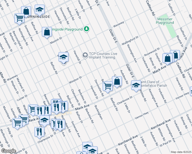 map of restaurants, bars, coffee shops, grocery stores, and more near 3701 Devonshire Road in Detroit