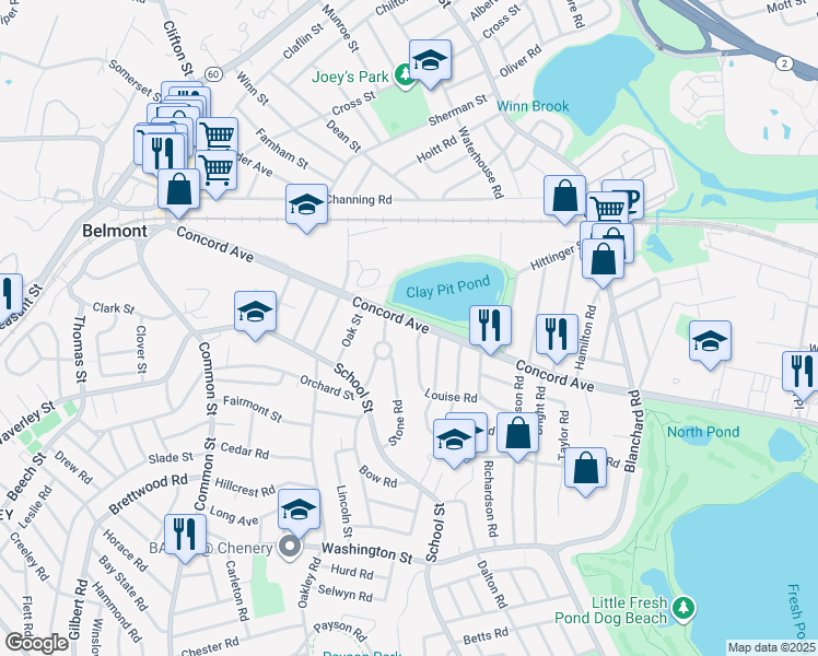 map of restaurants, bars, coffee shops, grocery stores, and more near 200 Concord Avenue in Belmont