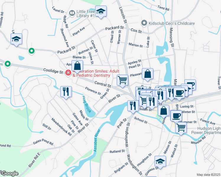 map of restaurants, bars, coffee shops, grocery stores, and more near 42 Central Street in Hudson