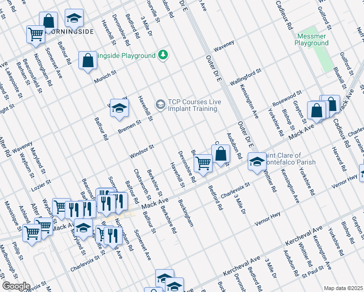 map of restaurants, bars, coffee shops, grocery stores, and more near 3661 Bedford Road in Detroit