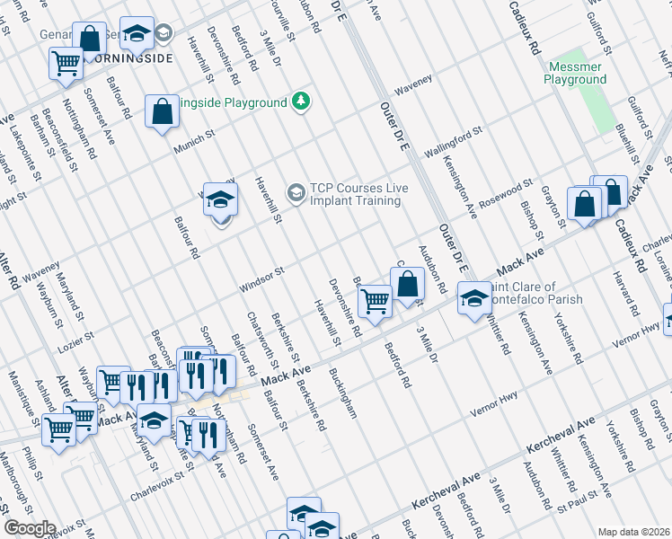 map of restaurants, bars, coffee shops, grocery stores, and more near 3666 Devonshire Road in Detroit
