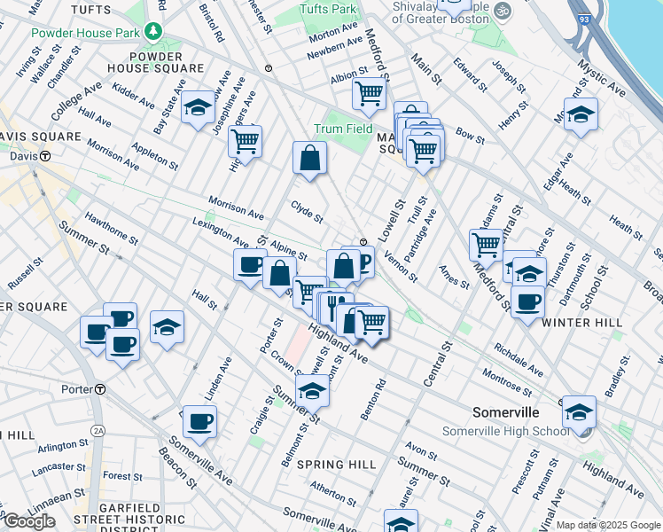 map of restaurants, bars, coffee shops, grocery stores, and more near 24 Princeton Street in Somerville